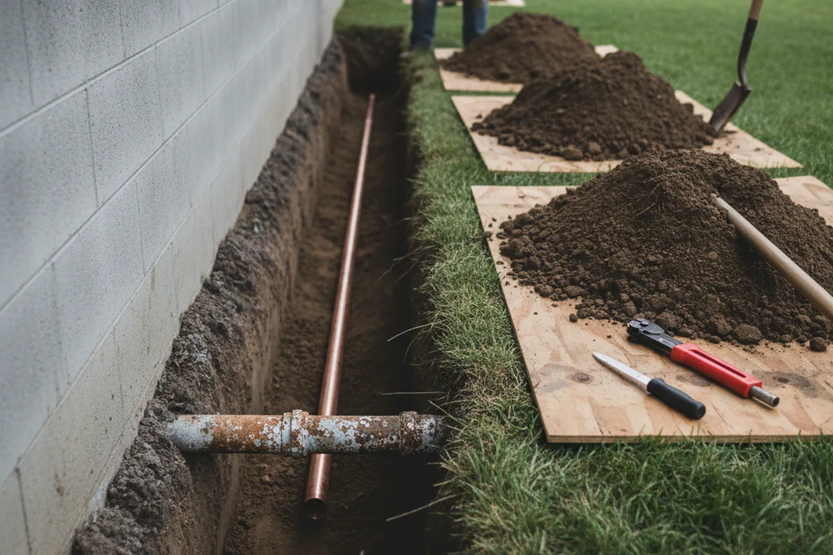 Excavated water line trench during Water Softener Installation in Black Eagle